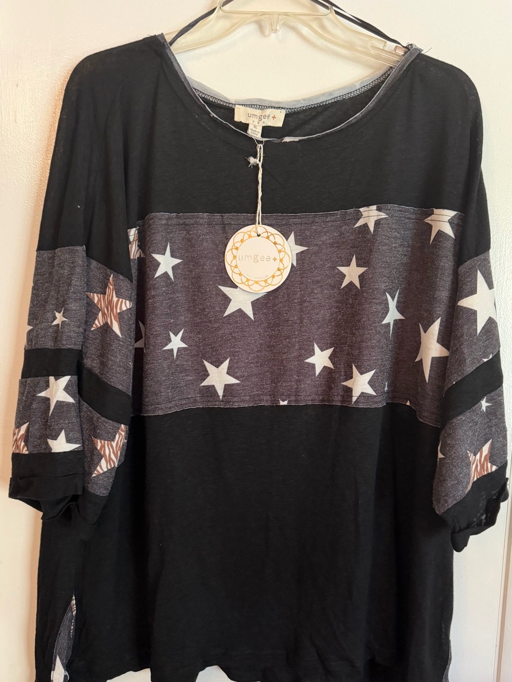 Umgee NWT Black Star-Print Long Sleeve Top, Sz XL